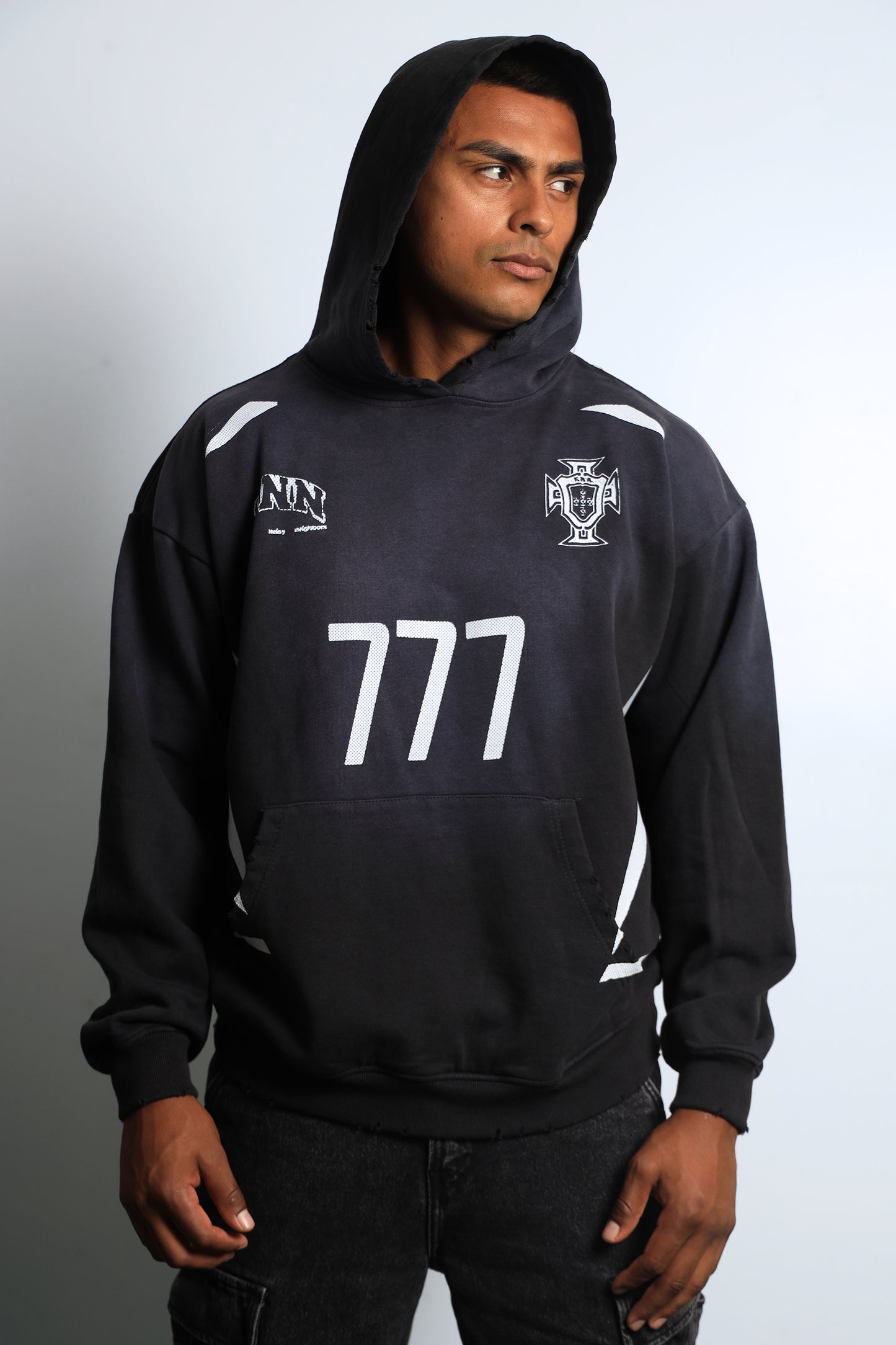 777 PORTUGAL SUNDRY DISTRESSED BLACK HOODIE
