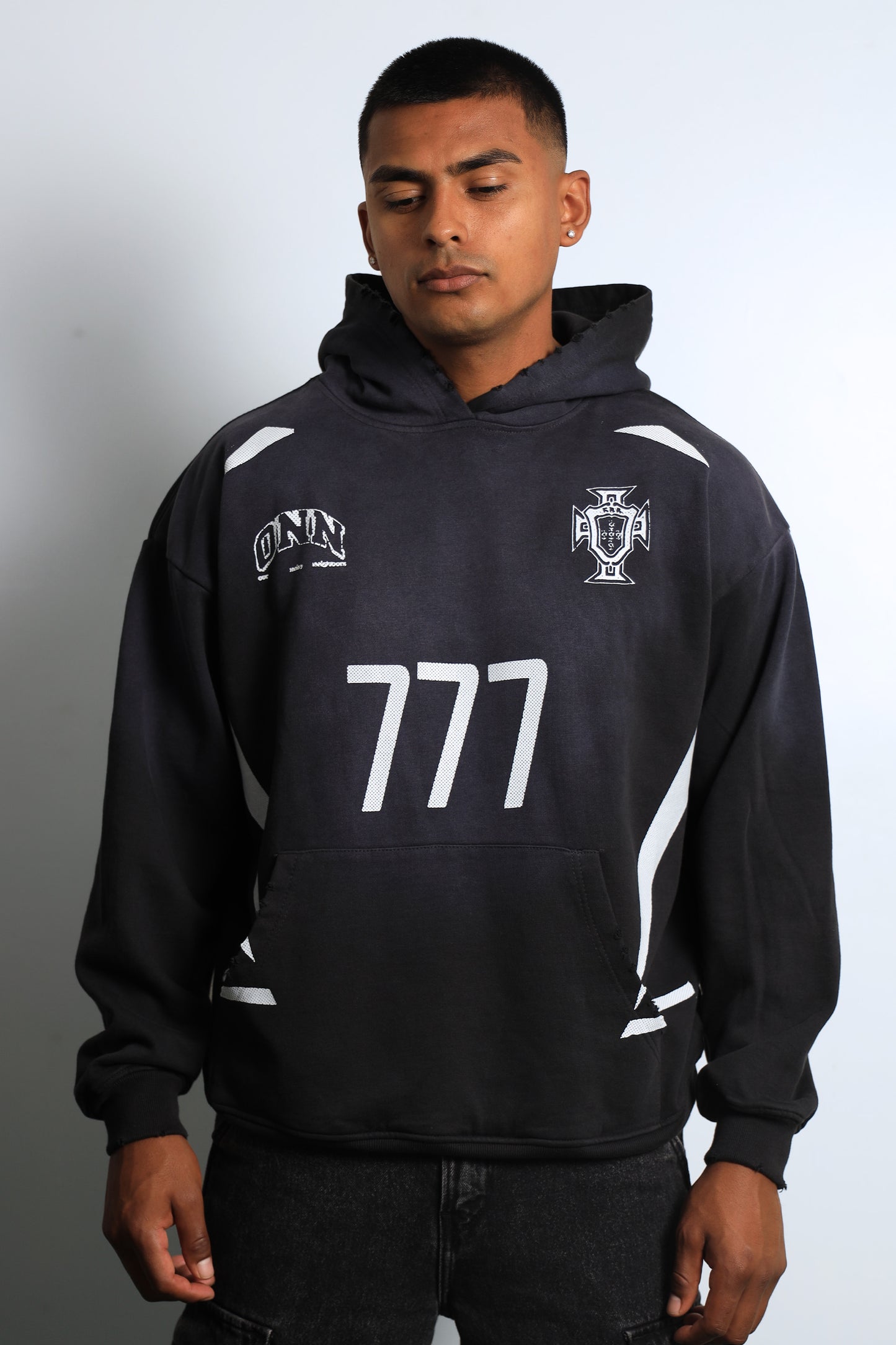 777 PORTUGAL SUNDRY DISTRESSED BLACK HOODIE